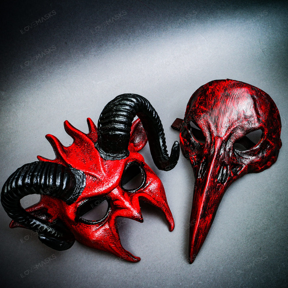 Bloddy Red Bird Nose Raven Devil Ram Horns Halloween Cosplay Costume Party Mask